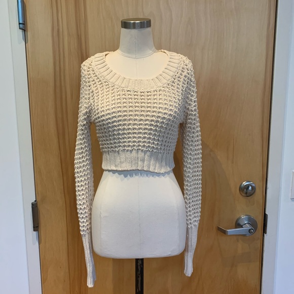 Cropped, open-weave, knit chunky sweater